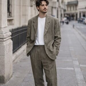 Express Structure Sack Suit Mens L 36 Linen Hopsack Patch‎ Pocket 90s Summer 2pc